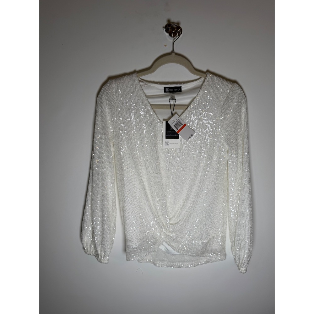 Cable & Gauge Womens White Sequin Twist Front V-Neck Long Sleeve Top XS New